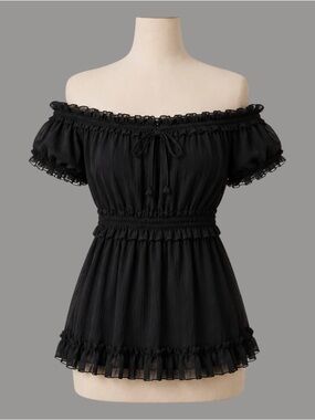 Cotton Express Y2K Sheer Black Off Shoulder Babydoll Mesh Top Coquette